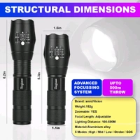 LUMINOX GEAR Metal Led Torch Flashlight Xml T6 Water Resistance 5 Modes Adjustable Focus Rechargeable!