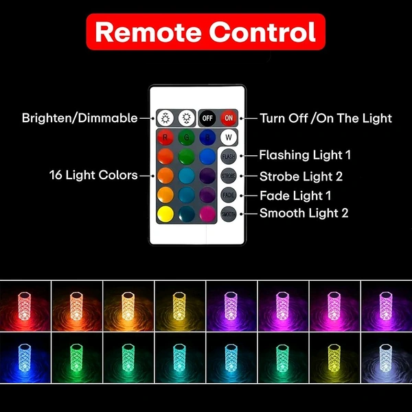 LUXORA GLOW 16 Color Changing Rose Crystal Diamond Table Lamp,USB Rechargeable Touch Bedside Lamp Night Light with Remote Control!