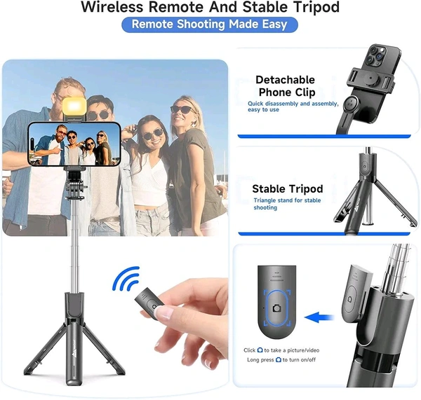 SNAPVUE S3-L 3-in-1 Selfie Stick Tripod – Detachable LED Light & Wireless Remote, Extendable Stand for iPhone, Vlogging, Travel & More