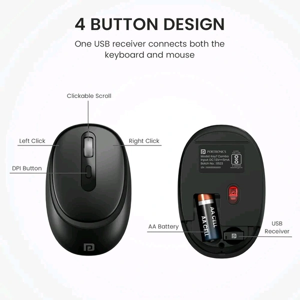 Portronics Key7 Combo Wireless Keyboard & Mouse – With Copilot AI, 2.4 GHz USB Receiver, 12 Shortcut Keys, Adjustable DPI Mouse (Up to 1600), 10M Key Life