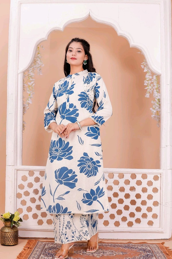2 Piece Blue Blossom Long Kurti Set - 38