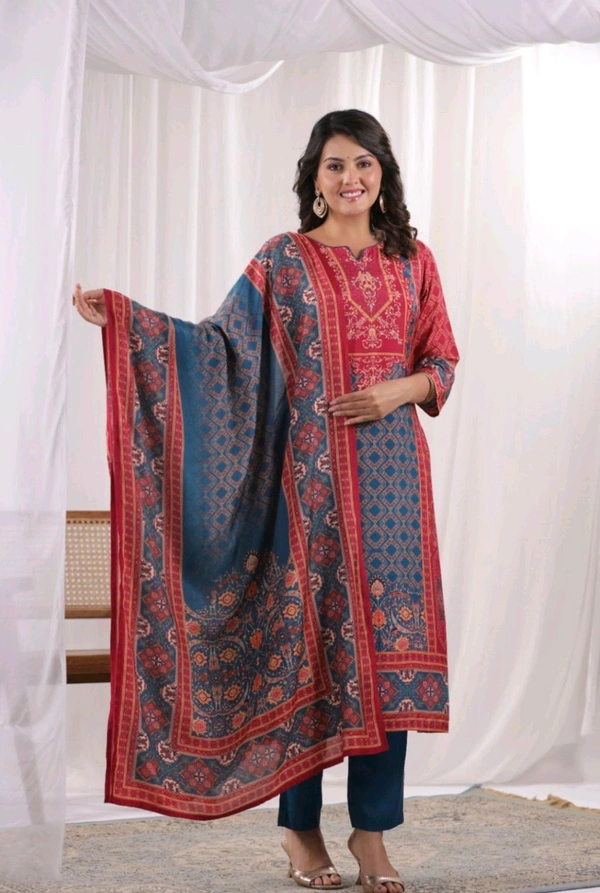 Pink and Blue Stright Printed Kurta Set - 44