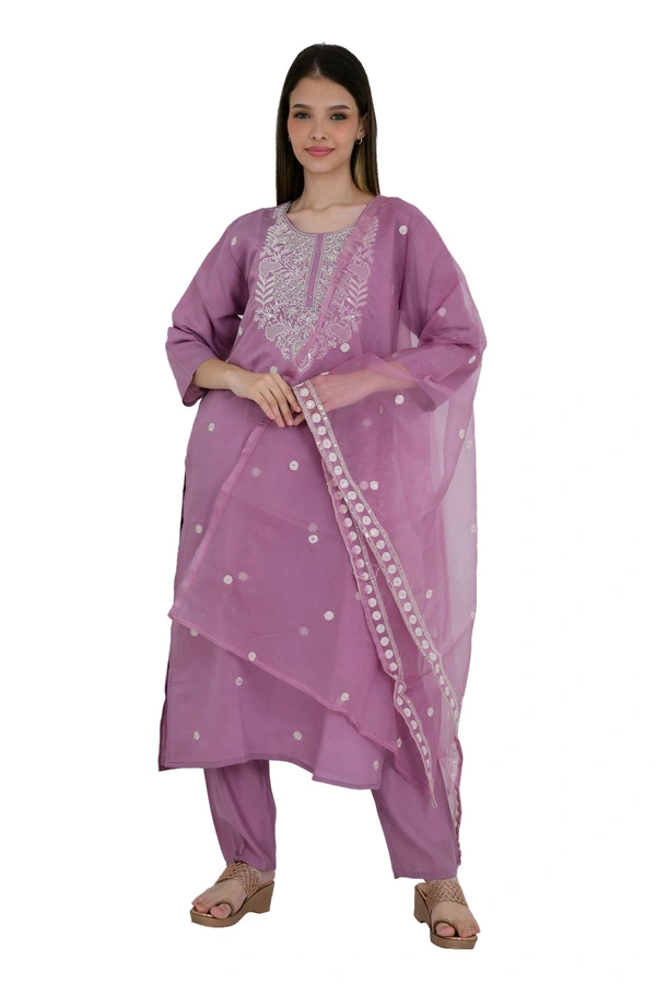 Lavender Embroidered Chanderi Cotton Kurta Set with Dupatta - M