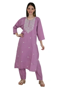 Lavender Embroidered Chanderi Cotton Kurta Set with Dupatta - M