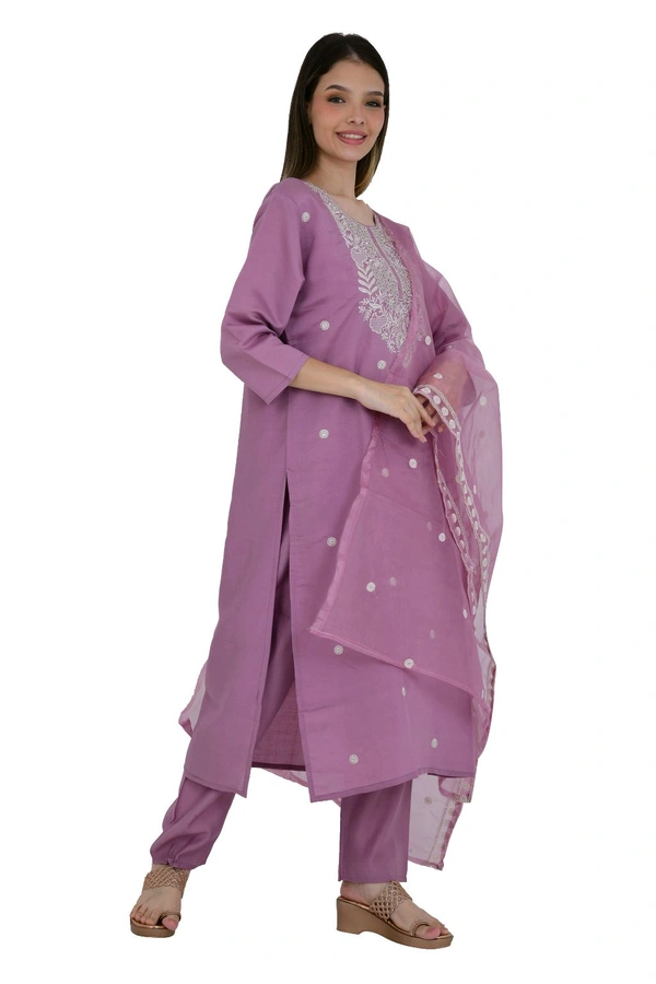 Lavender Embroidered Chanderi Cotton Kurta Set with Dupatta - XXL