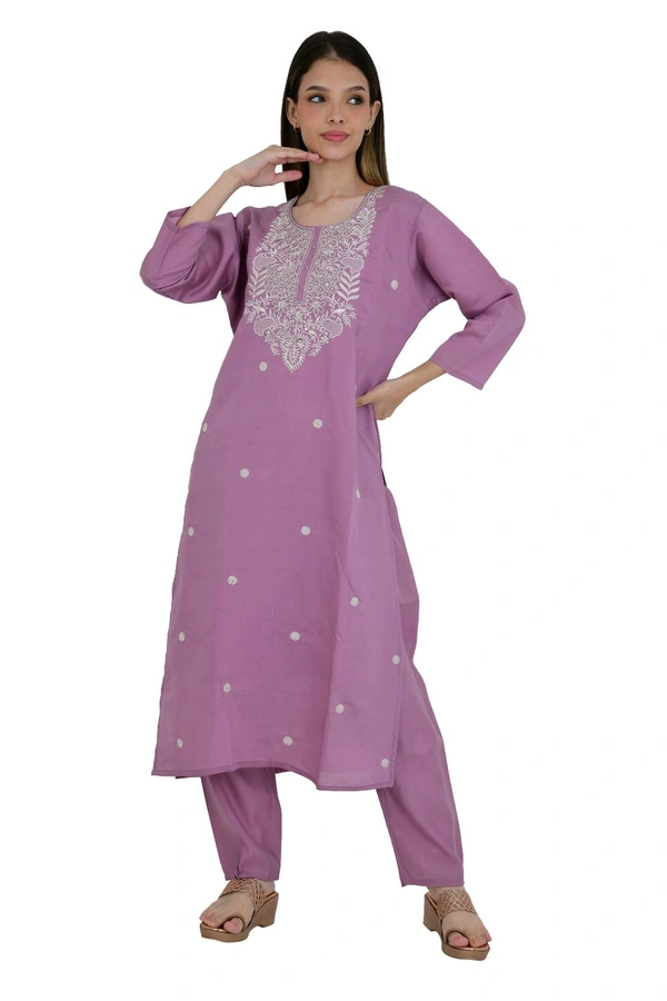 Lavender Embroidered Chanderi Cotton Kurta Set with Dupatta - XXL