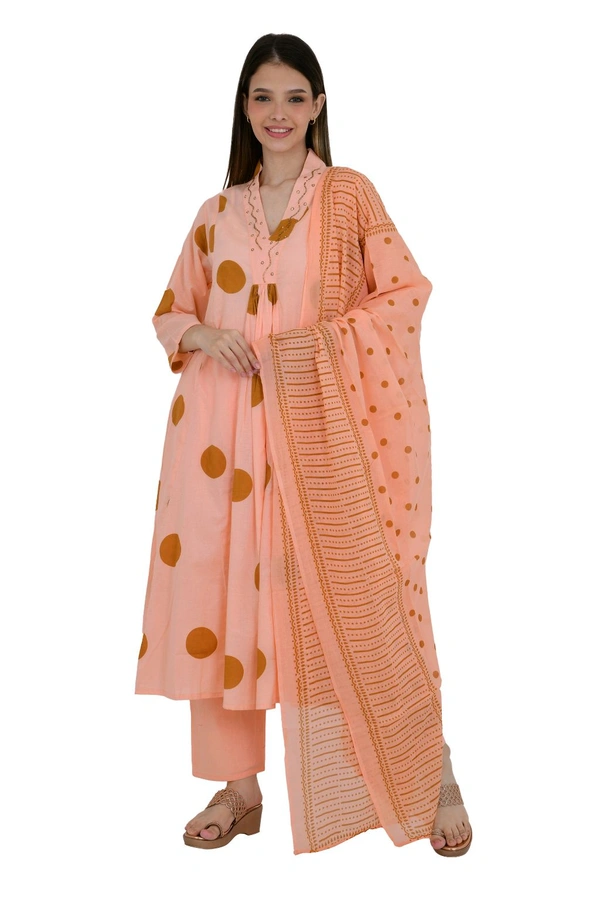 Peach Printed Cotton Kurta Set with Dupatta - 40