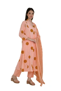 Peach Printed Cotton Kurta Set with Dupatta - 40
