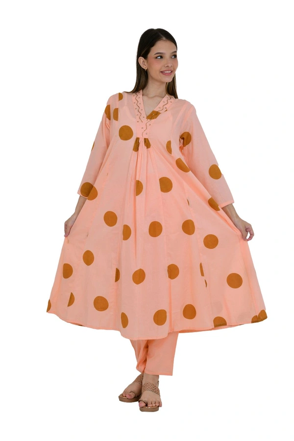 Peach Printed Cotton Kurta Set with Dupatta - 40