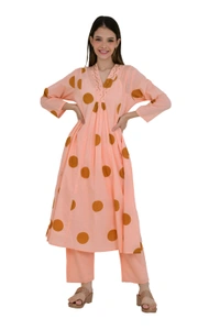Peach Printed Cotton Kurta Set with Dupatta - 40