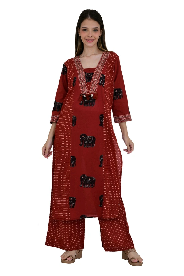 Maroon Elephant Print Cotton Kurta Set with Dupatta - 38