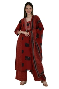 Maroon Elephant Print Cotton Kurta Set with Dupatta - 38