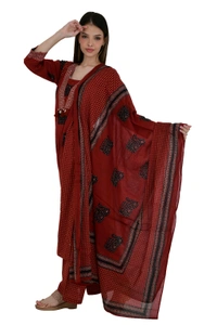 Maroon Elephant Print Cotton Kurta Set with Dupatta - 38