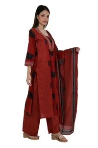 Maroon Elephant Print Cotton Kurta Set with Dupatta - 38