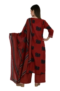 Maroon Elephant Print Cotton Kurta Set with Dupatta - 38