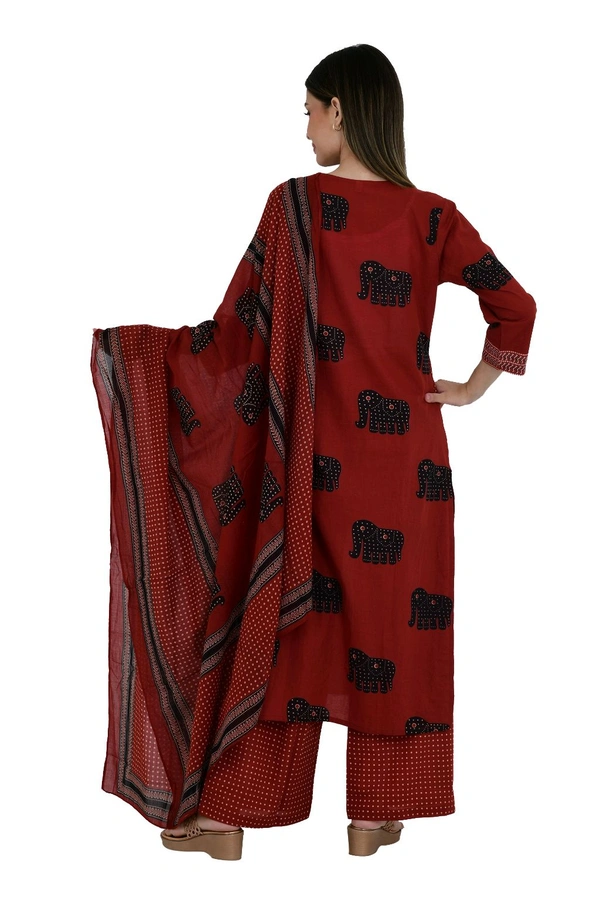 Maroon Elephant Print Cotton Kurta Set with Dupatta - 38