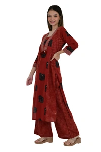 Maroon Elephant Print Cotton Kurta Set with Dupatta - 38