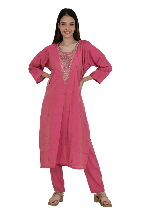 Rose Pink Embroidered Cotton Kurta Set With Dupatta  - XXL