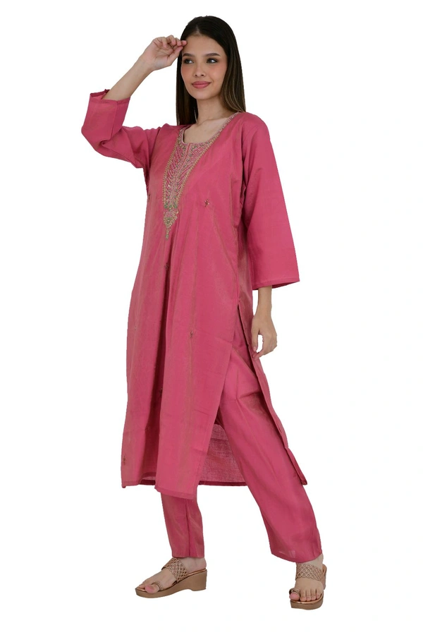 Rose Pink Embroidered Cotton Kurta Set With Dupatta  - XXL