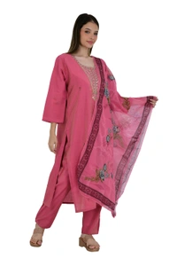 Rose Pink Embroidered Cotton Kurta Set With Dupatta  - XXL