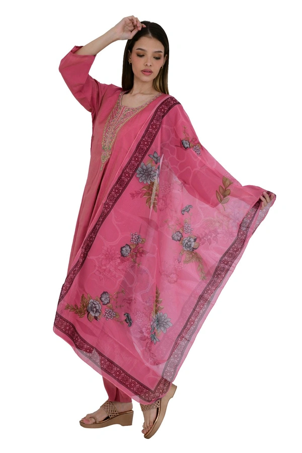 Rose Pink Embroidered Cotton Kurta Set With Dupatta  - XXL