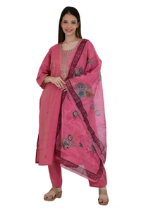 Rose Pink Embroidered Cotton Kurta Set With Dupatta  - XXL
