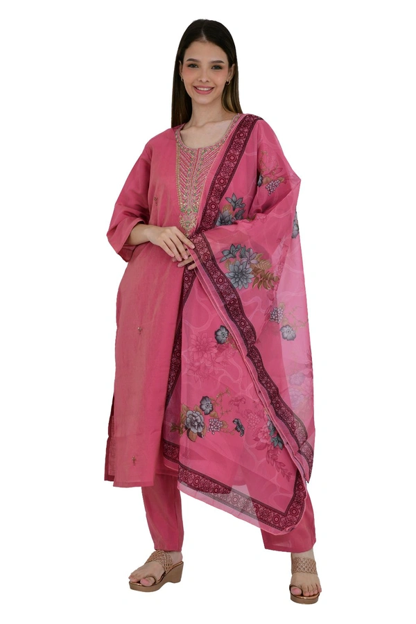 Rose Pink Embroidered Cotton Kurta Set With Dupatta  - XXL