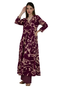 Maroon & Beige Floral Printed Anarkali Suit Set with Dupatta - 38