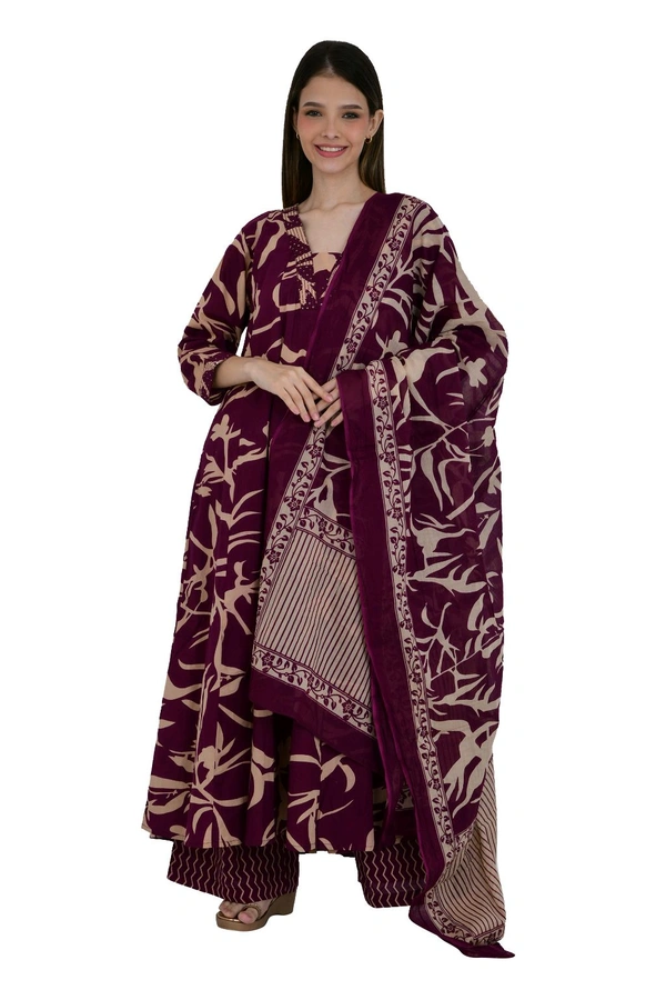 Maroon & Beige Floral Printed Anarkali Suit Set with Dupatta - 44