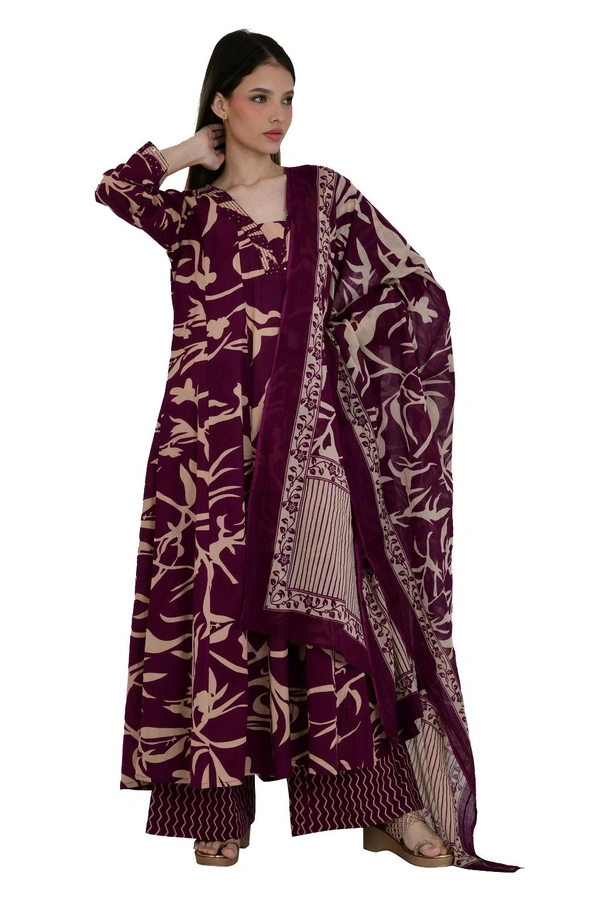 Maroon & Beige Floral Printed Anarkali Suit Set with Dupatta - 44