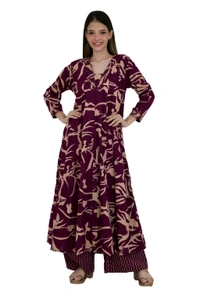 Maroon & Beige Floral Printed Anarkali Suit Set with Dupatta - 44