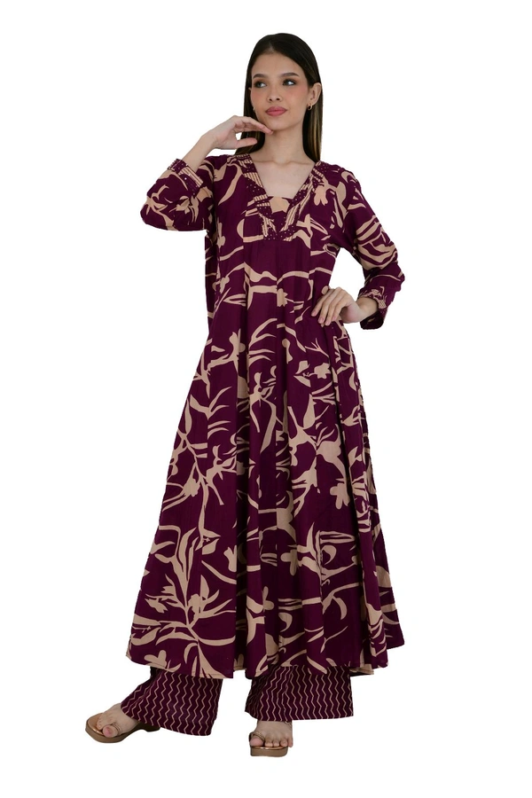 Maroon & Beige Floral Printed Anarkali Suit Set with Dupatta - 44
