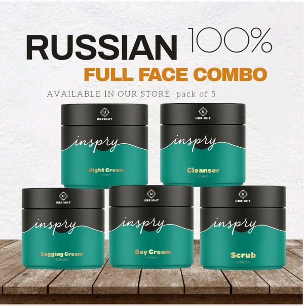 Russian Skin Whitning Product Combo [ Night Cream , Day Cream , Scrub , Cleanser, Sagging Cream  ] Pack Of 5  - Black, 50 Gram