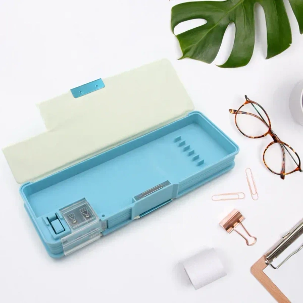 Plastic Multipurpose Compass Box – Double Deck Pencil Case with 2 Compartments & Cartoon Organizer (1 Pc, Mix Design)