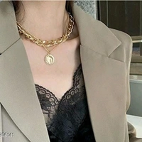 Vintage Layered Portrait Coin Pendent Chunky Thick Cuban Link Chain Choker Necklace - golden, . 