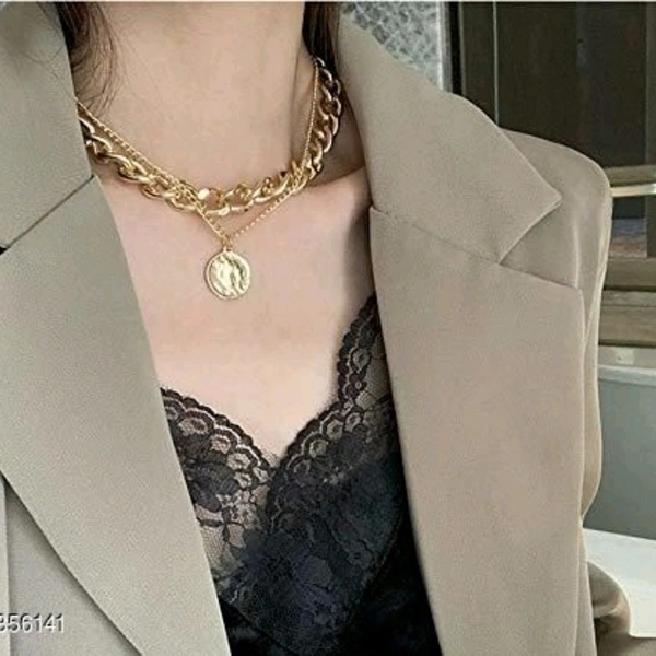 Vintage Layered Portrait Coin Pendent Chunky Thick Cuban Link Chain Choker Necklace - golden, . 