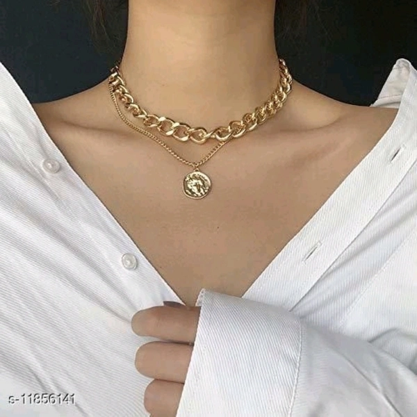 Vintage Layered Portrait Coin Pendent Chunky Thick Cuban Link Chain Choker Necklace - golden, . 