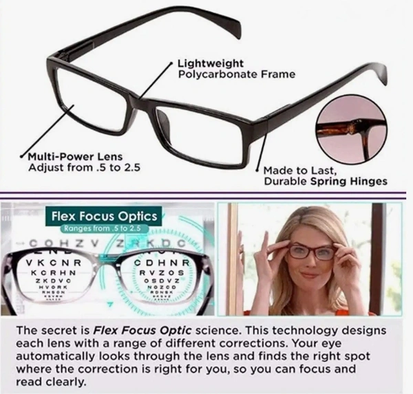 One Power Auto Focus Reading Glasses for Men and women. Clear Focus Auto Adjusting Optic, suitable for all those in need of Reading Power ranging from +0.50 to +2.50