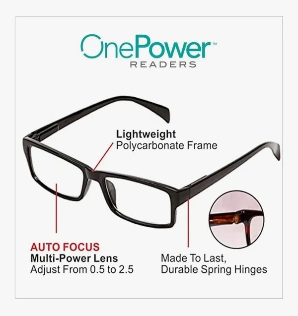 One Power Auto Focus Semi Round Shape Reading Glasses for Men and women. Clear Focus Auto Adjusting Optic, suitable for all those in need of Reading Power ranging from +0.50 to +2.50 - Black