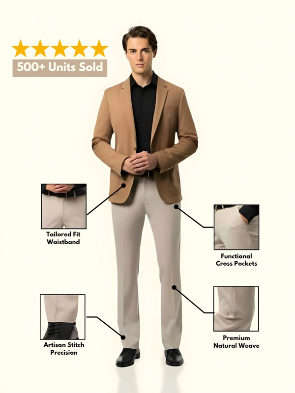 Lycra Cotton Stretchable | Plain Formal Trousers |  Polo Fit | Office Wear For Men'S | Caramel Cream
