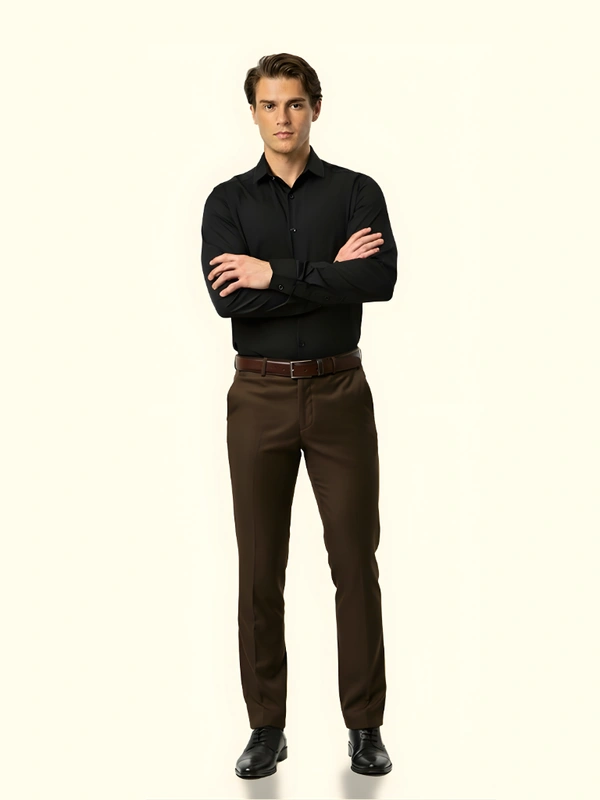 Wrinkle Free Express Mattee | Solid Formal Trousers | Polo Fit | Office Wear For Men'S | Chocolate Brown
