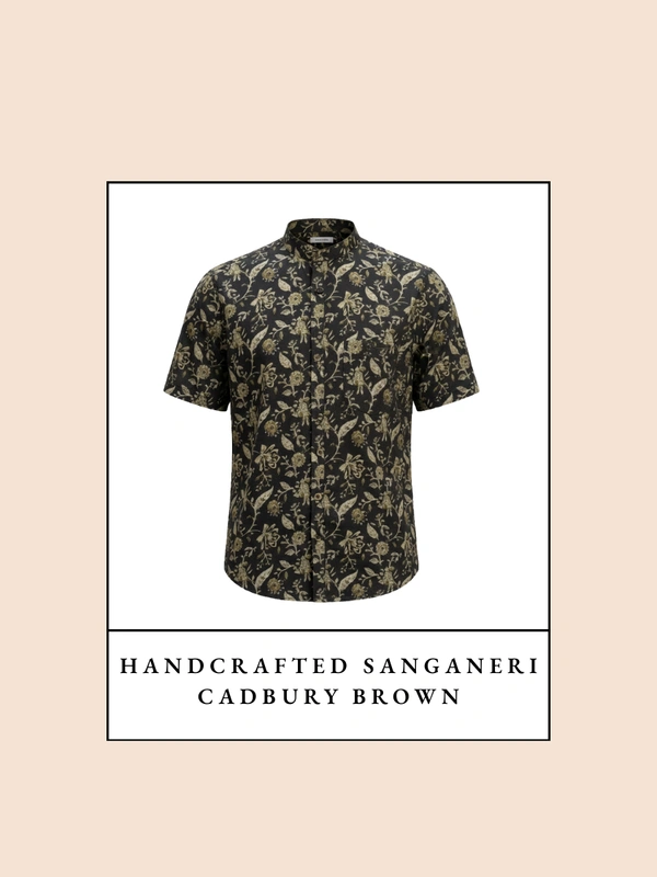 Handcrafted Sanganeri Cadbury Brown Flower Print Half-Sleeve Shirt Mandarin Collar - Pure Cotton