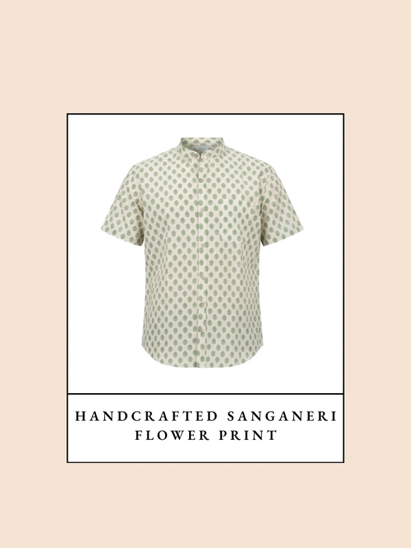 Handcrafted Sanganeri Flower Print Half-Sleeve Shirt Mandarin Collar - Pure Cotton