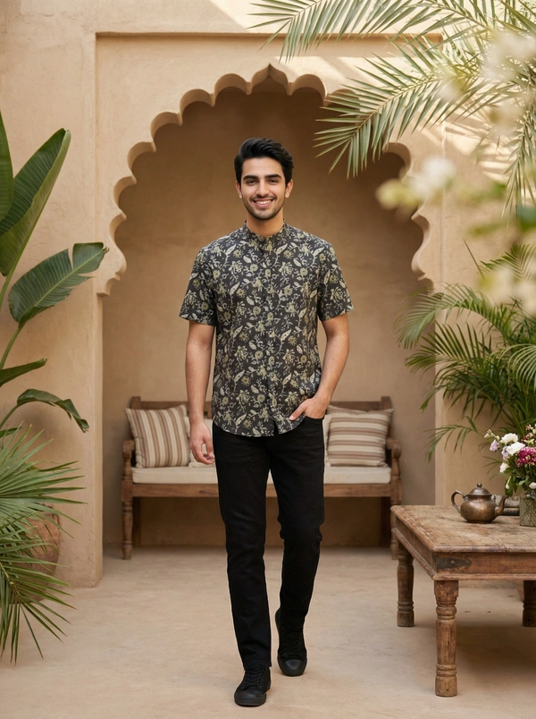 Handcrafted Sanganeri Cadbury Brown Flower Print Half-Sleeve Shirt Mandarin Collar - Pure Cotton