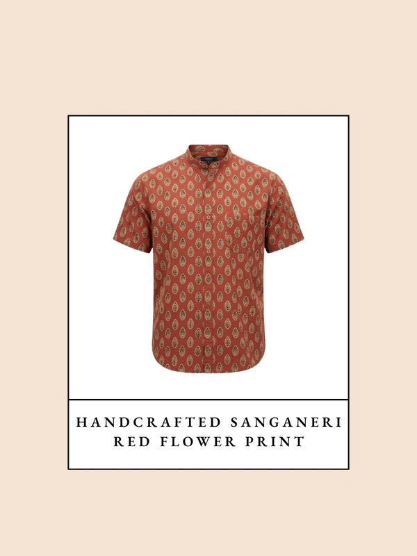 Handcrafted Sanganeri Red Flower Print Half-Sleeve Shirt Mandarin Collar - Pure Cotton