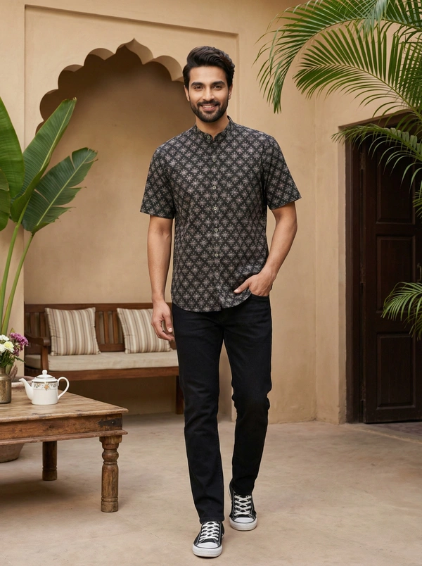 Handcrafted Sanganeri Black Flower Print Half-Sleeve Shirt Mandarin Collar - Pure Cotton