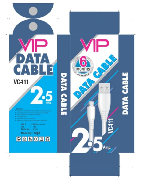 VIP USB DATA CABLE 2.5Amp - White, 6 Months, VC-111