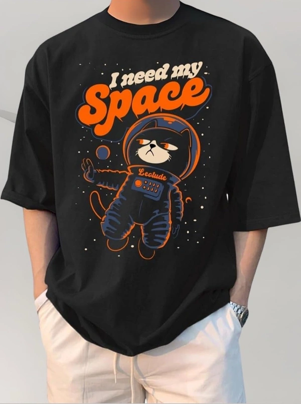 LEOTUDE Half Sleeve Oversized Cottonblend Round Neck Drop Shoulder Printed Men's T-Shirt (Color Black)