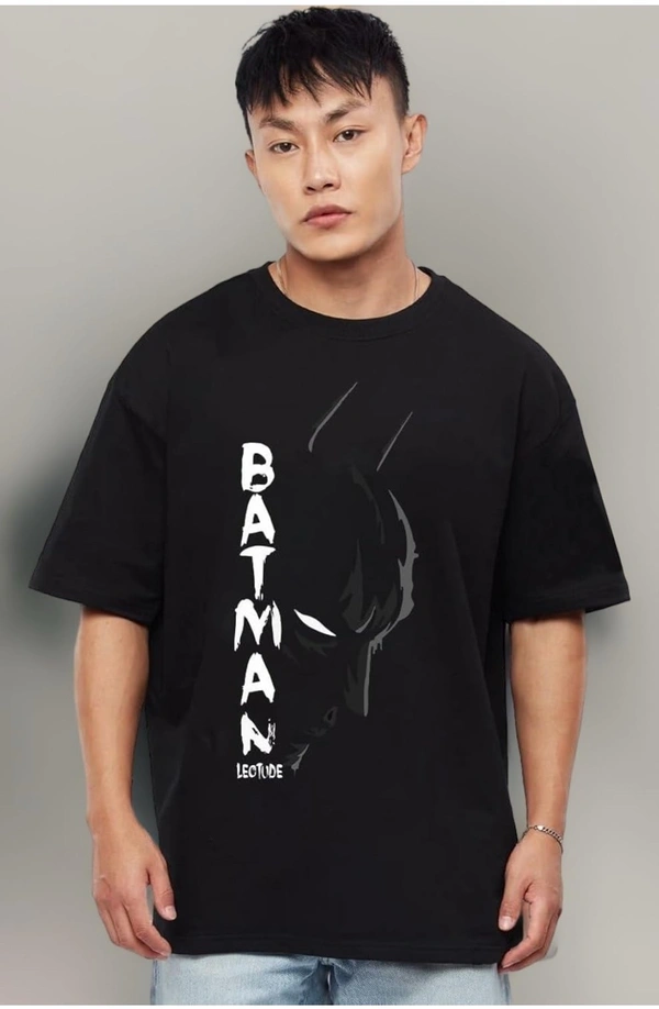 LEOTUDE Half Sleeve Oversized Tshirt for Men, Round Neck Cottonblend Drop Shoulder Printed T-Shirt (Black Color)