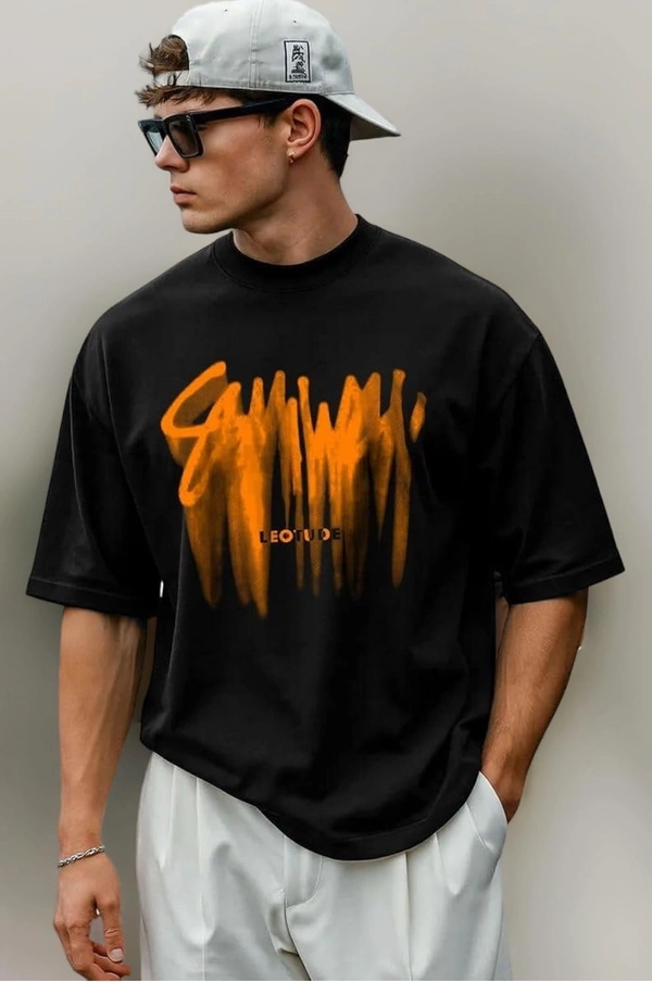 LEOTUDE Half Sleeve Oversized Cottonblend Round Neck Printed Men's T-Shirt (Color Black)